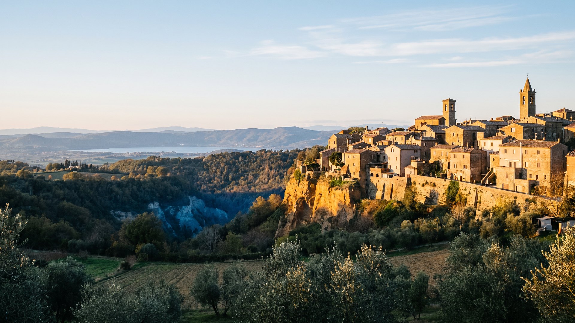 Il borgo di Grotte di Castro arroccato sulla rupe di tufo con il Lago di Bolsena sullo sfondo