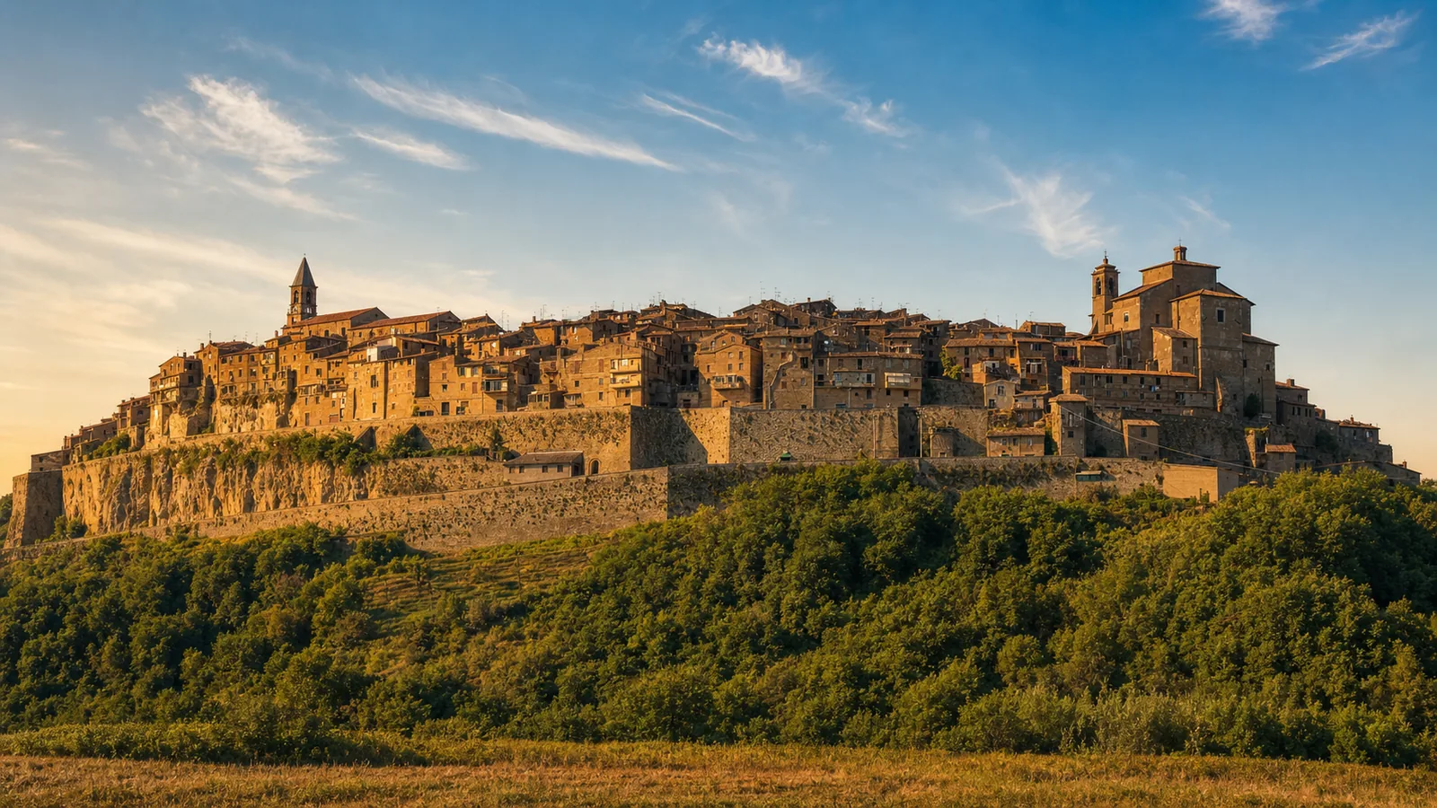 Panorama del borgo di Grotte di Castro arroccato sul tufo alla luce dorata