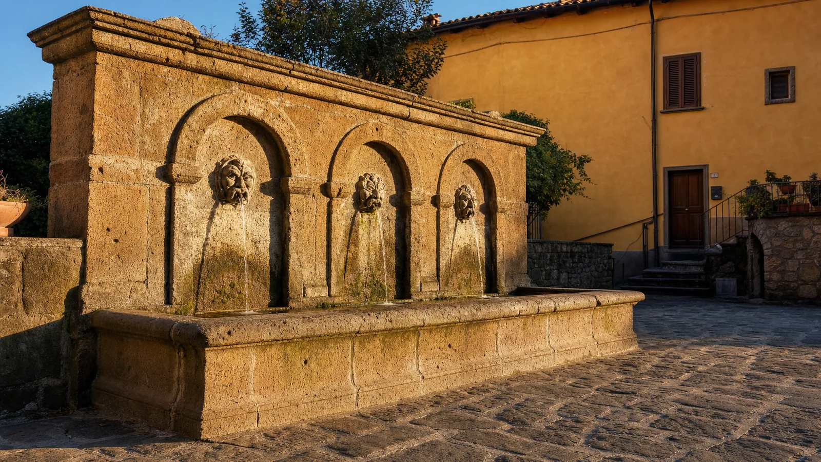 La Fontana Grande in tufo con tre archi e mascheroni scolpiti