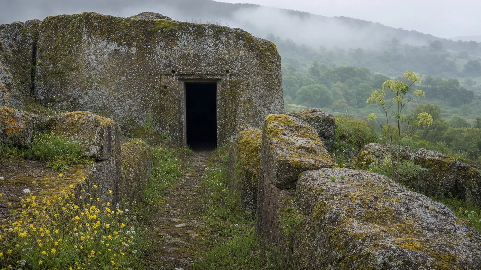 Tomba a camera monumentale della necropoli etrusca di Pianezze avvolta nella nebbia